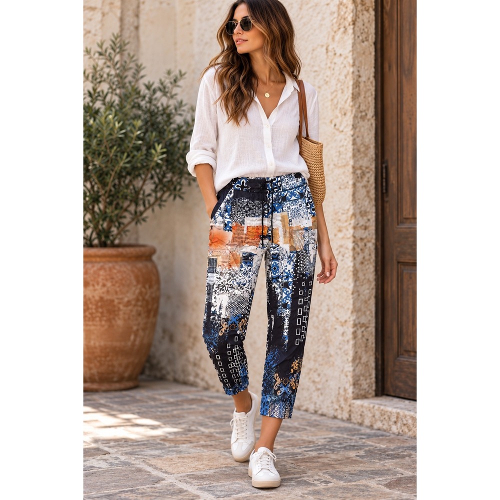 Gigi Moda Patchwork Print Jogger Pants Blue Multi Artistic Made in Italy Size M